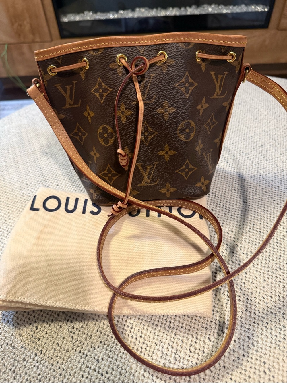 Authentic Louis Vuitton Monogram Nano Noe Crossbody in Brown and Tan